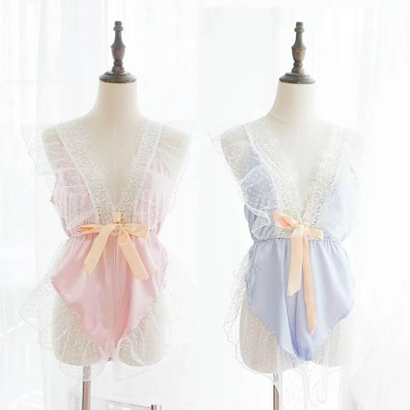 

Sexy Pajamas Women's Lace Ruffled Bow Sexy Sleeveless Jumpsuit Onesie Sleepwear Lace Bodysuit Jumpsuits for Women