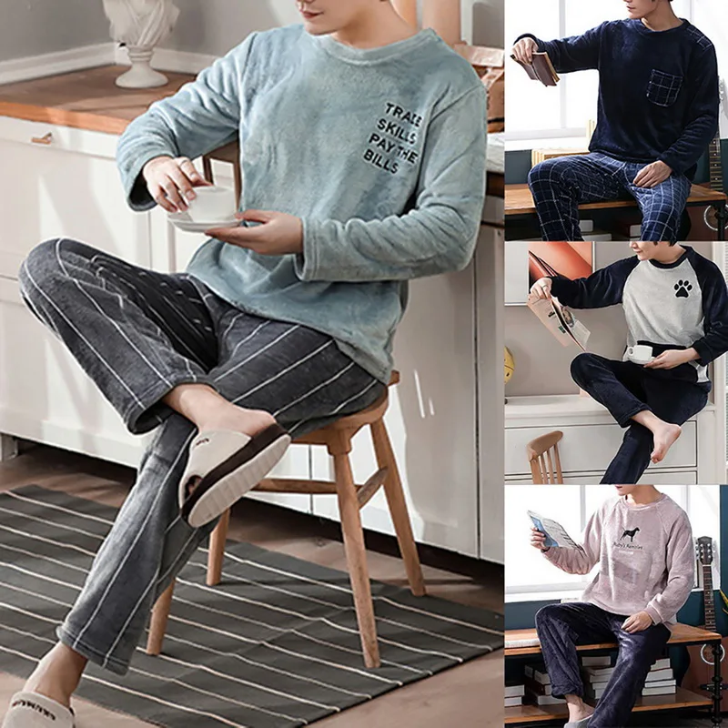 Плотный теплый фланелевый пижамный комплект Мужская зимняя Свободная Домашняя
