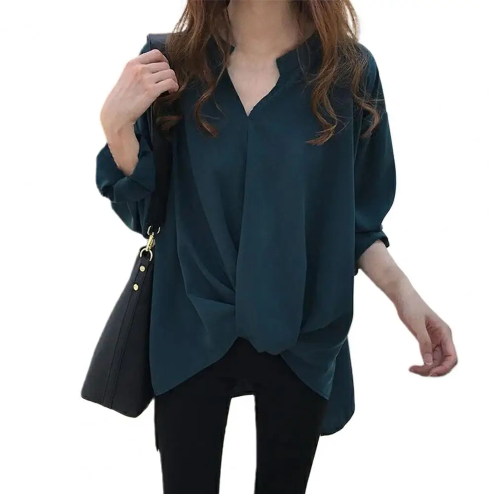 

Fashion Women Autumn Loose Solid Color Chiffon V Neck Long Sleeve Blouse Top