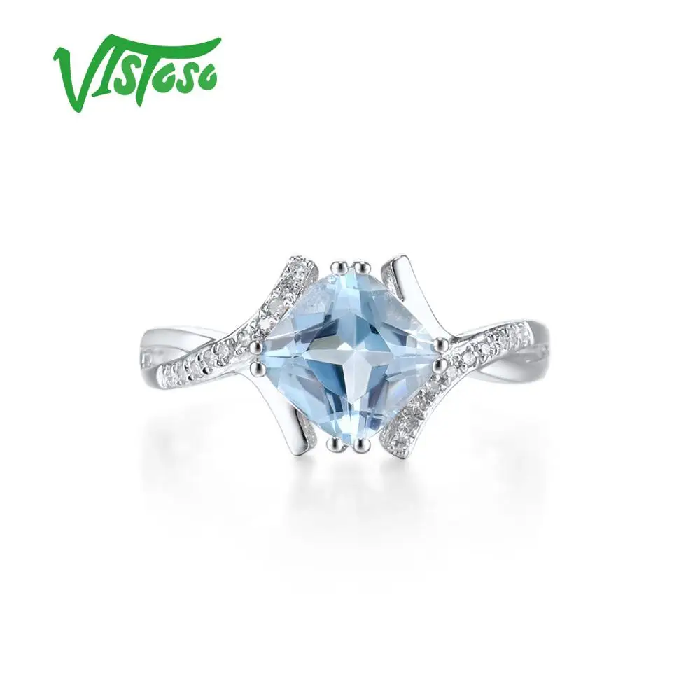 VISTOSO золотые кольца для женщин Подлинная 14K 585 кольцо из белого золота сверкающие бриллианты Небесно-Голубой Топаз Свадьба юбилей ювелирные украшения
