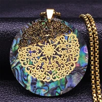 yoga flower stainless steel abalone necklaces chain gold color long round necklaces jewelry collier coquillage femme n9320s04