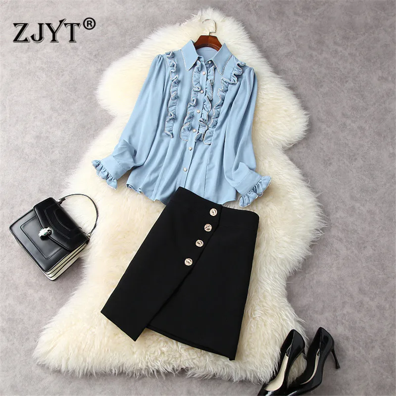 

High Quality Runway Designers Spring Women Outfits Elegant Office Lady Beading Ruffles Shirt and Irregular Skirt Suit 2Piece Set