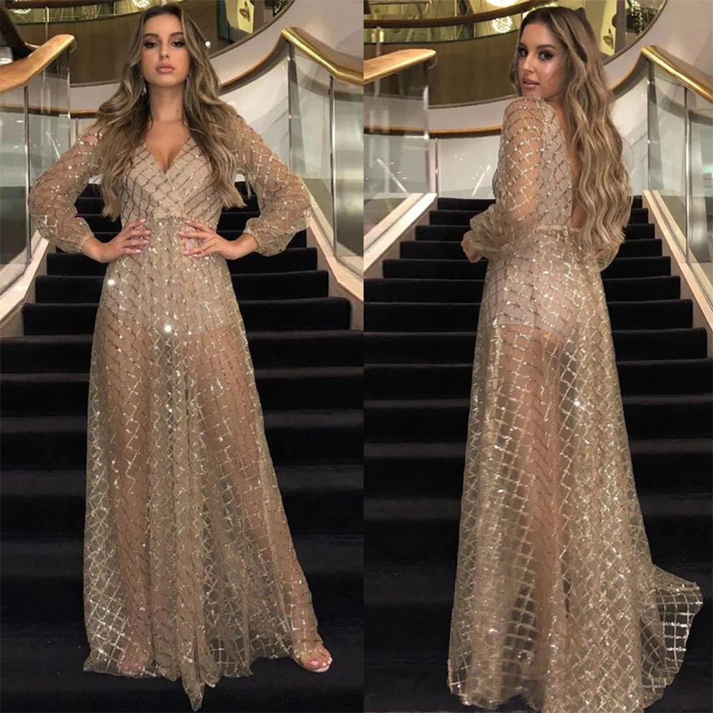 Women's Long Vacation Beach Party Dress Long Sleeve Sexy V-neck Mesh Gold Sequin Long Sleeve Elegant Mermaid Gown Wedding Dress