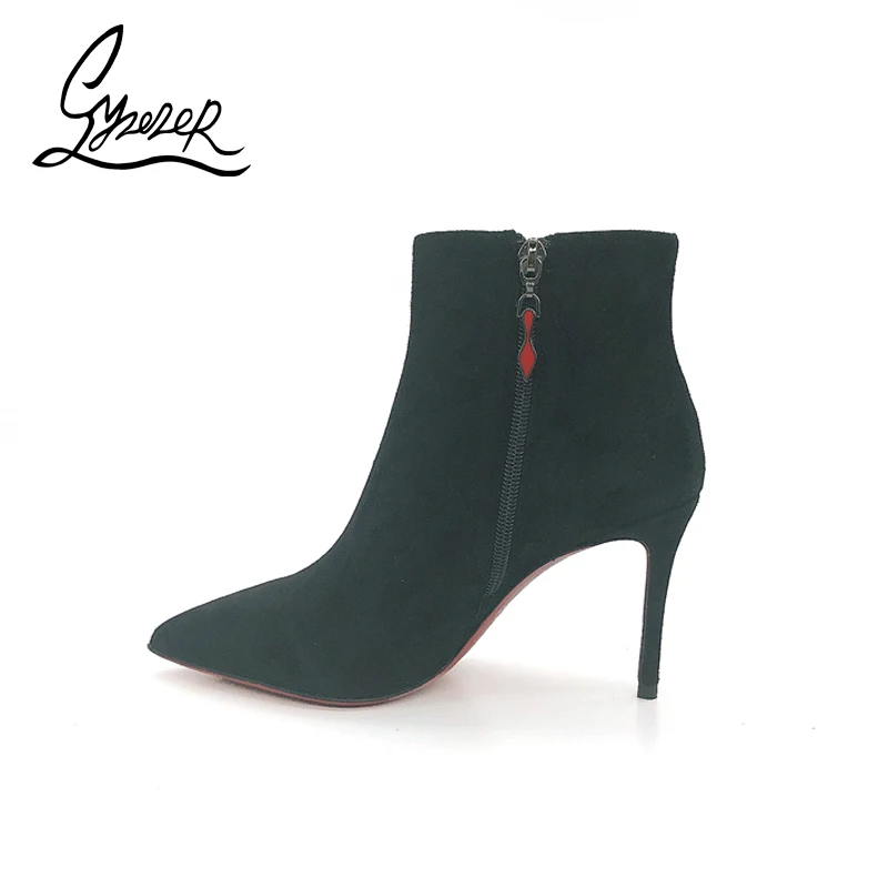 

Yuerui 2021 Black Kid Suede Zipper Short Boots Female Pumps 8.5CM Autumn And Winter Comfortable Tall Sexy woman Boots 34-42s