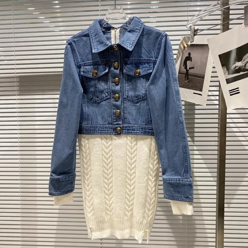 

Double Row Metal Buckle Stitched Knitted Dress Women 2021 Autumn New Fake Two-piece Denim Jacket
