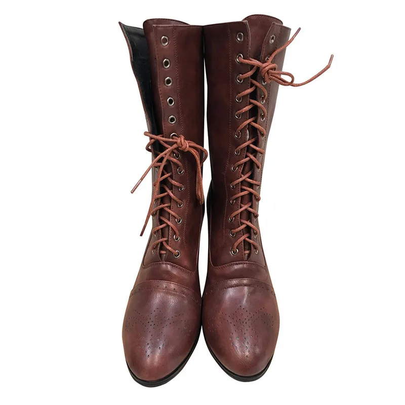 Женские сапоги выше колена классические кожаные в стиле панк с заостренным