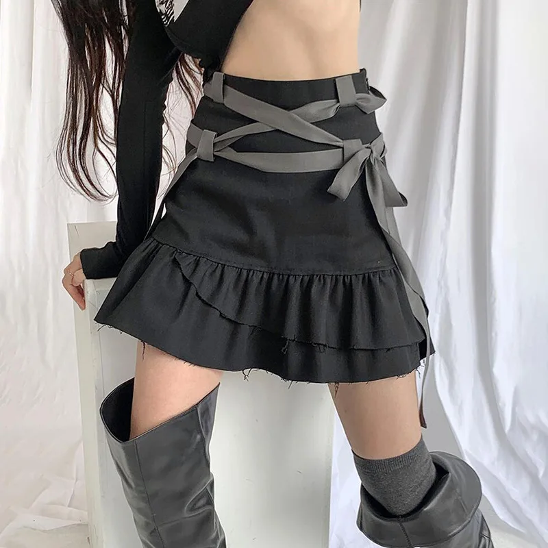 

Spring and Summer New Gothic Women's Casual Y2k Bandage Belt High Waist Hip Cute Fashion Ruffle Skirt Midi Short Skirt 2021