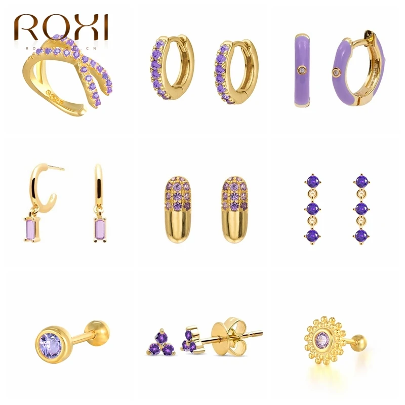 

ROXI Purple Colors Crystals Hoop Earrings for Women Girl Summer Jewelry Earrings 2021 Trendy Silver 925 Geometry Huggie Earrings