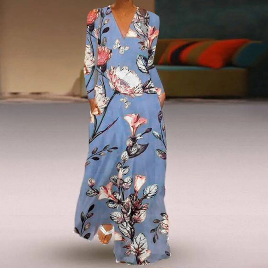 Платье макси летнее с длинным рукавом и V образным вырезом|Женские платья| |