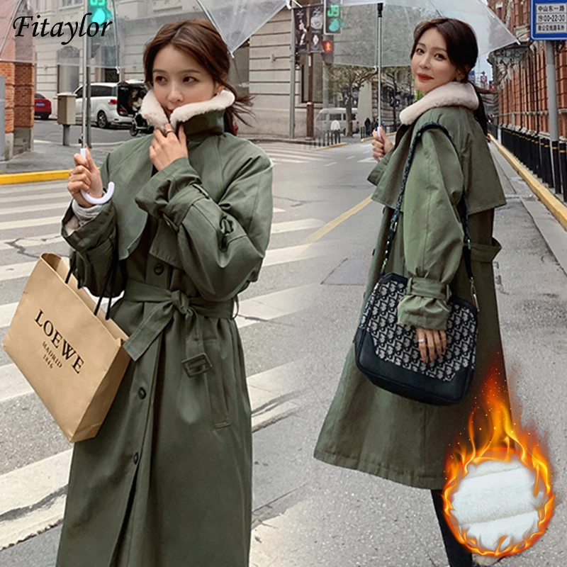 Fitaylor Spring Black Trench Coat Women Warm Long Lamb Wool Lining Jacket Khaki Thickening Windproof Street Wear Female Outwear | Женская