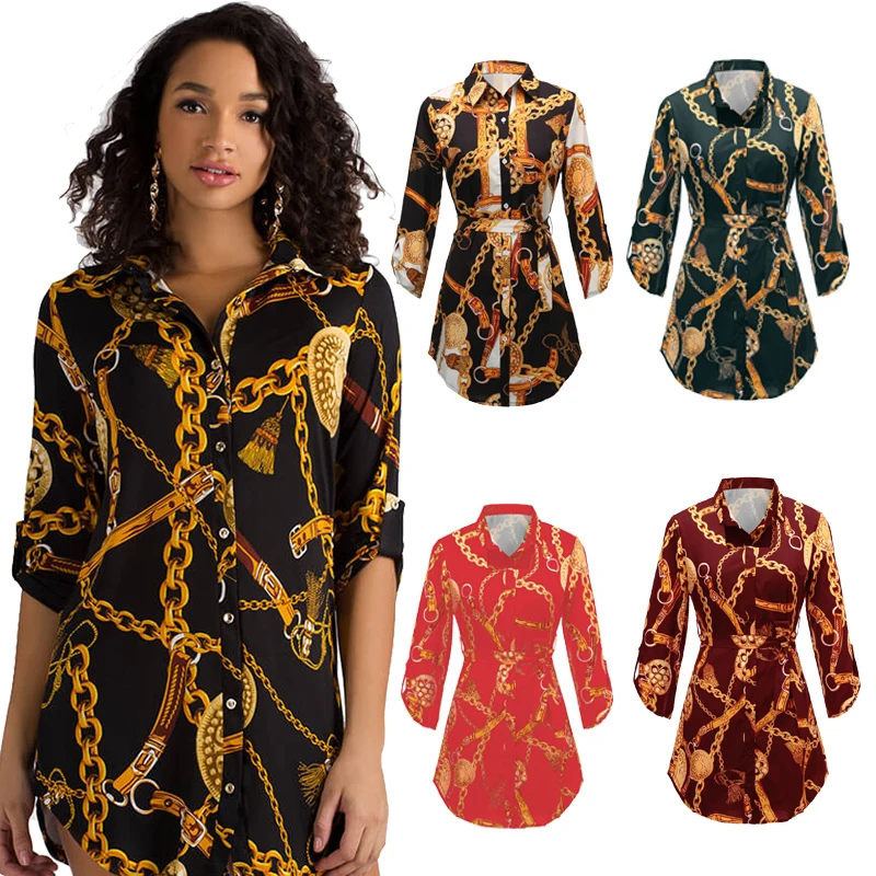 Женское платье блуза с длинным рукавом и принтом большого размера|Женские