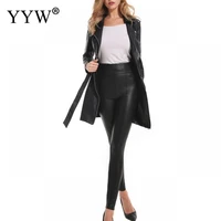 long sleeve jacket fit fall stylish black female slim clothing streetwear motorcycle long pu leather trench coat for women