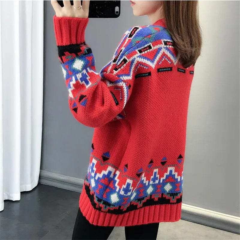 2019 женский свитер снаружи абстрактным узором с длинным рукавом однобортный