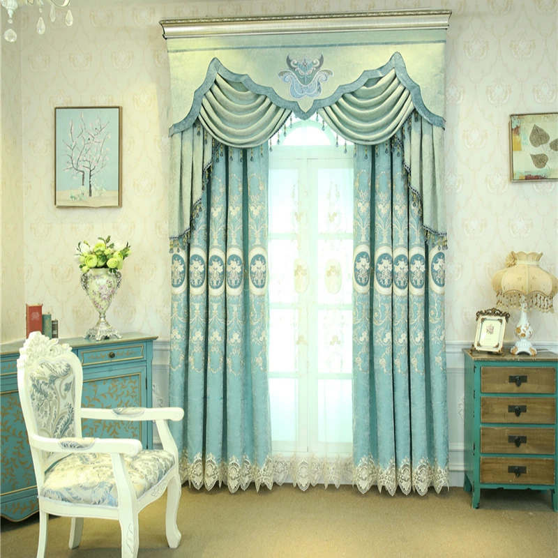 

Custom-made luxury European style blue embroidered blackout curtains for living room bedroom kitchen hotel high quality curtains