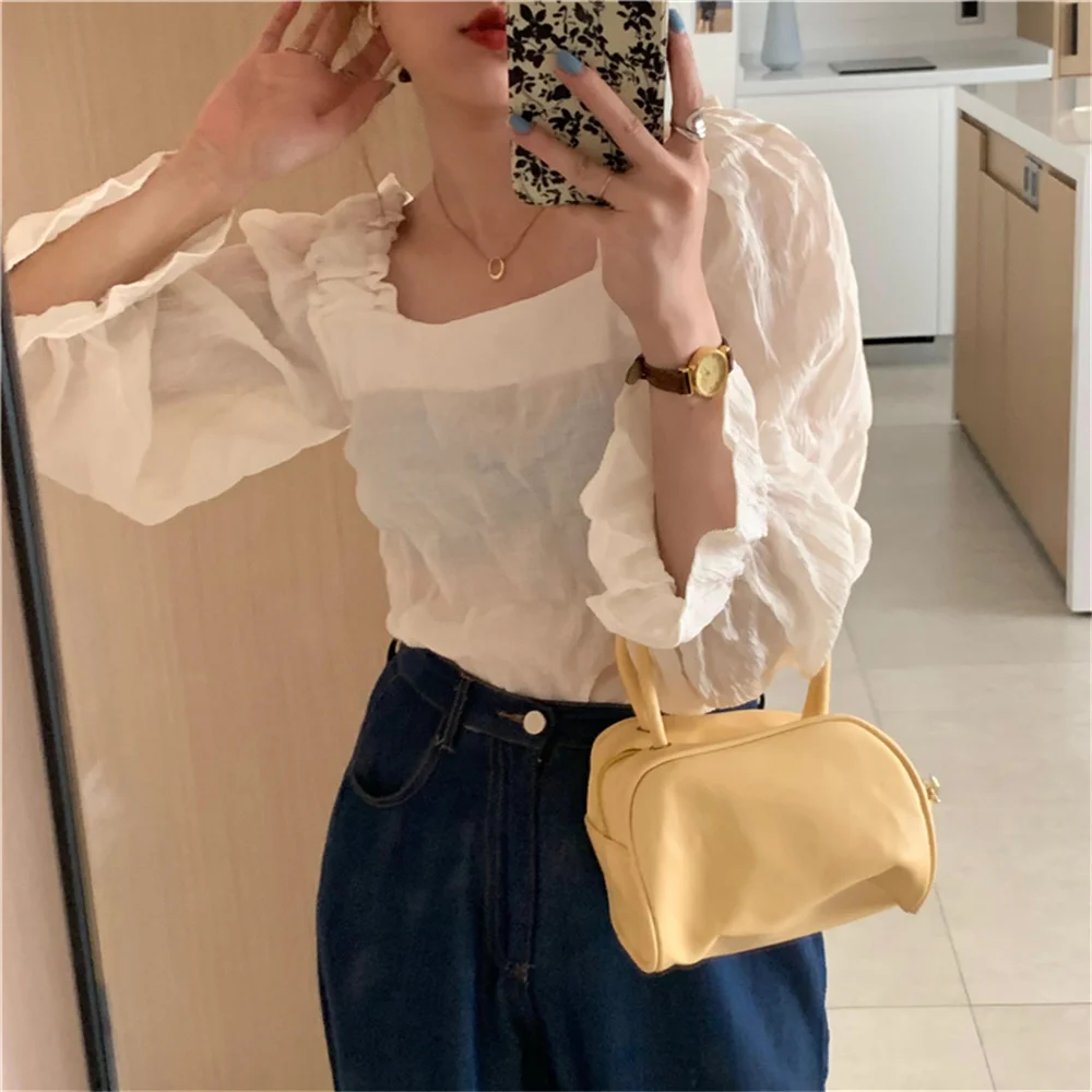 

2021 New Apricot Square Collar Blouses Chiffon Flare Sleeves Slim-Fit Autumn Fashion OL Women Sweet Hot Girls Tops