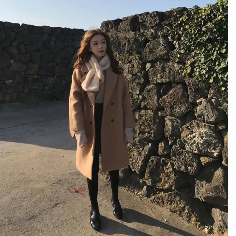 Новое Женское шерстяное пальто в Корейском стиле с отложным воротником 2019 модное
