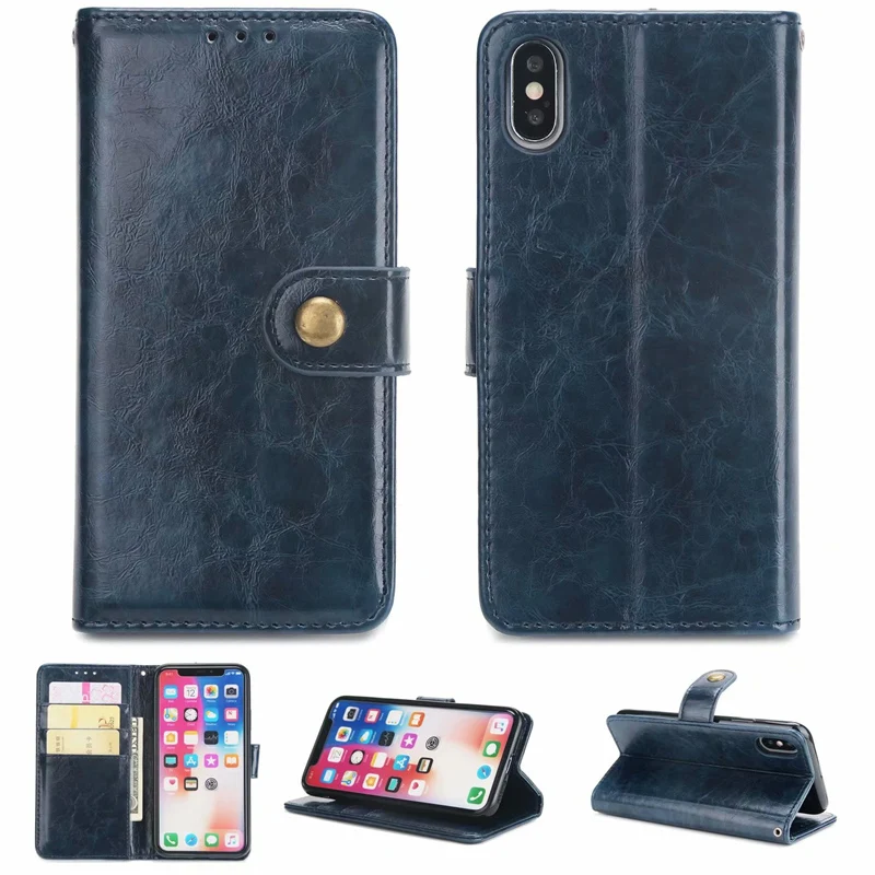 Чехол-книжка для iPhone 7, 8 Plus, XS, X, 6 S, 6, SE, 5S, 5, кожаный чехол, роскошный чехол, подставка, металлическая кнопка, чехол-книжка, кошелек, Hoesje - Цвет: dark Blue