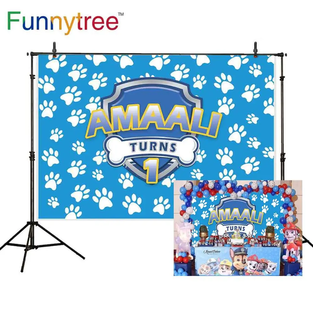 Funnytree пользовательский фон мультфильм лапа собака 1-й День рождения фон вечерние Фотофон синий ребенок Фото Студия фотография фотосессия
