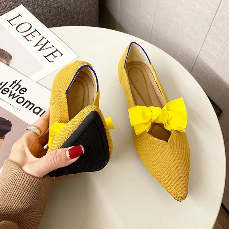 Casual Women's Flat Shoes Ballet Shoes Breathable Knit Pointed Shoes Moccasin Mixed Color Soft Pregnant Shoes Zapatos De Mujer