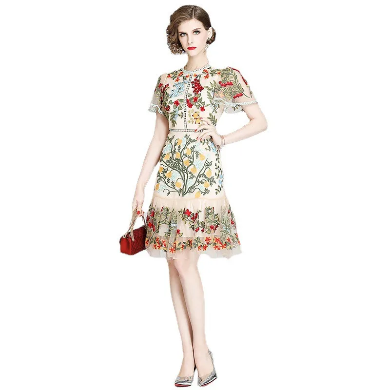 

Floral Dress Women Summer Flying Short Sleeve Mesh Embroidery Slim Midi Ruffles Elegant Fashion Evening Party Woman Dresses Robe