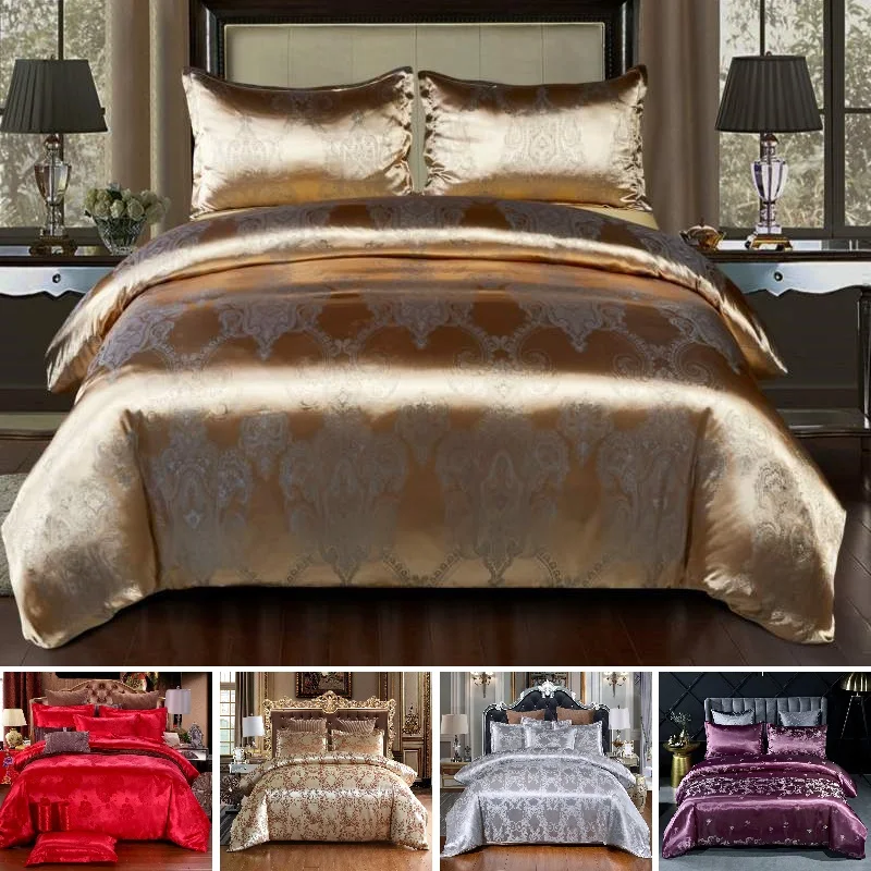 

11 Style Nordic Luxuxy Bedding Sets Jacquard satin Duvet Cover Pillowcase 2/3pcs Single/ King/ Queen Bed Set US/EU/AU Size