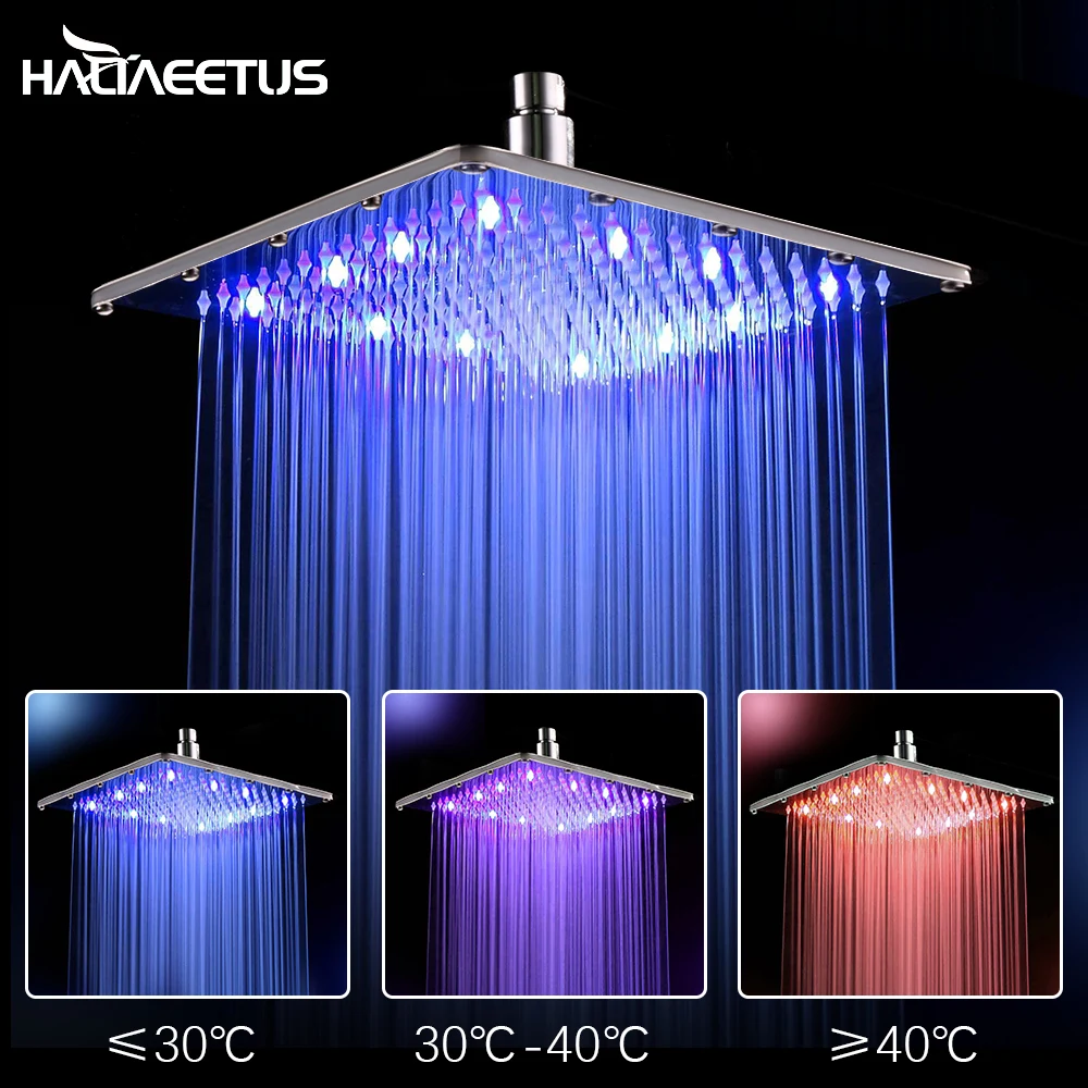 12 Inch Stainless Steel Ultra-thin Rainfall Shower Head Bathroom LED Water Temperature Changing Color Square Shower Head Chrome