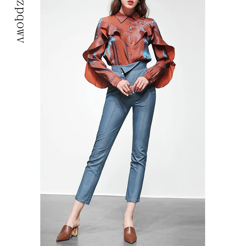 Zpqowv офисная одежда женская двухсекционная гофрированная рубашка + джинсы с