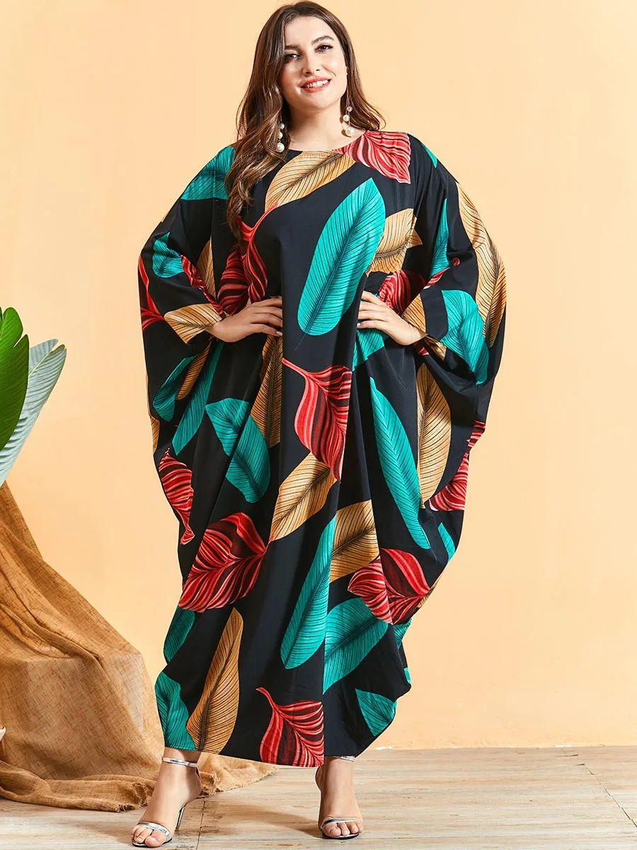 2021 Oversize Woman Dress Colorful Leaf Print Batwing Sleeve Maxi Long Dresses for Women Black Loose Muslim Abaya Robe