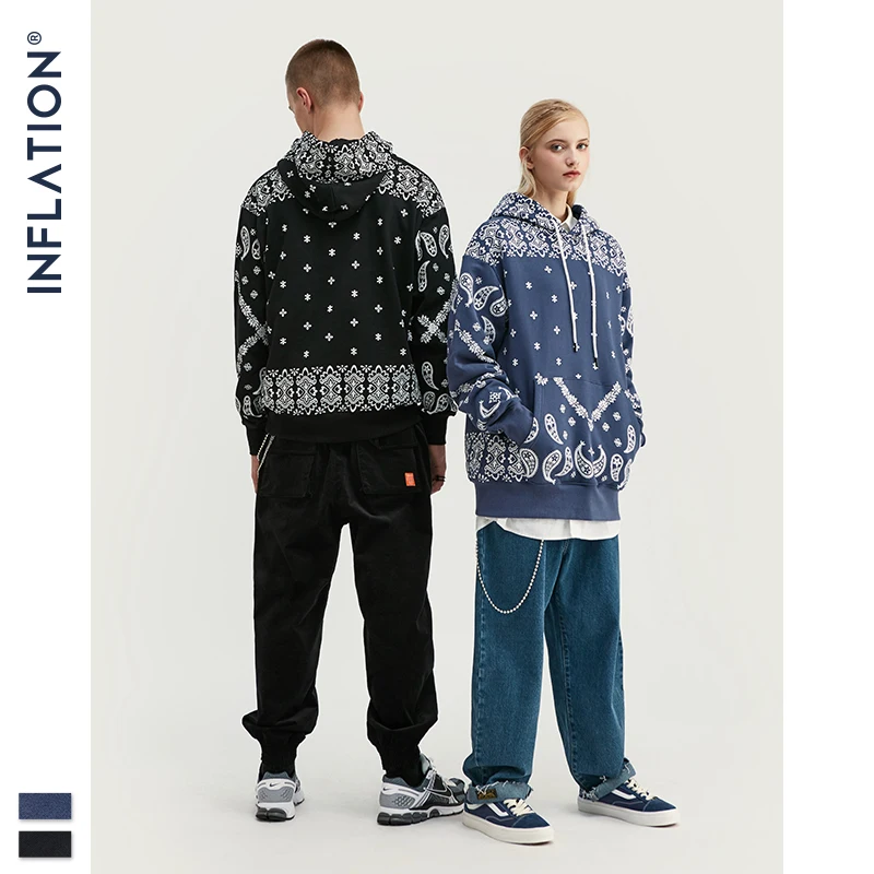 INFLATION 2020 FW Retro Print Men Hoodies Streetwear Loose Fit Cotton Hooded Sweatshirt Male Vintage Style 9657W | Мужская одежда