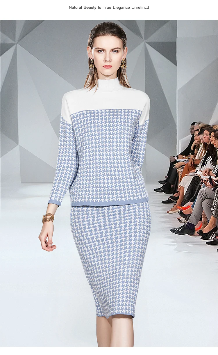 

Houndstooth Half Turtleneck Women's Skirt Suits Clothes 2020 Spring Long Sleeve Knitted Tops + Knee Length Skirt 2 Pieces Sets