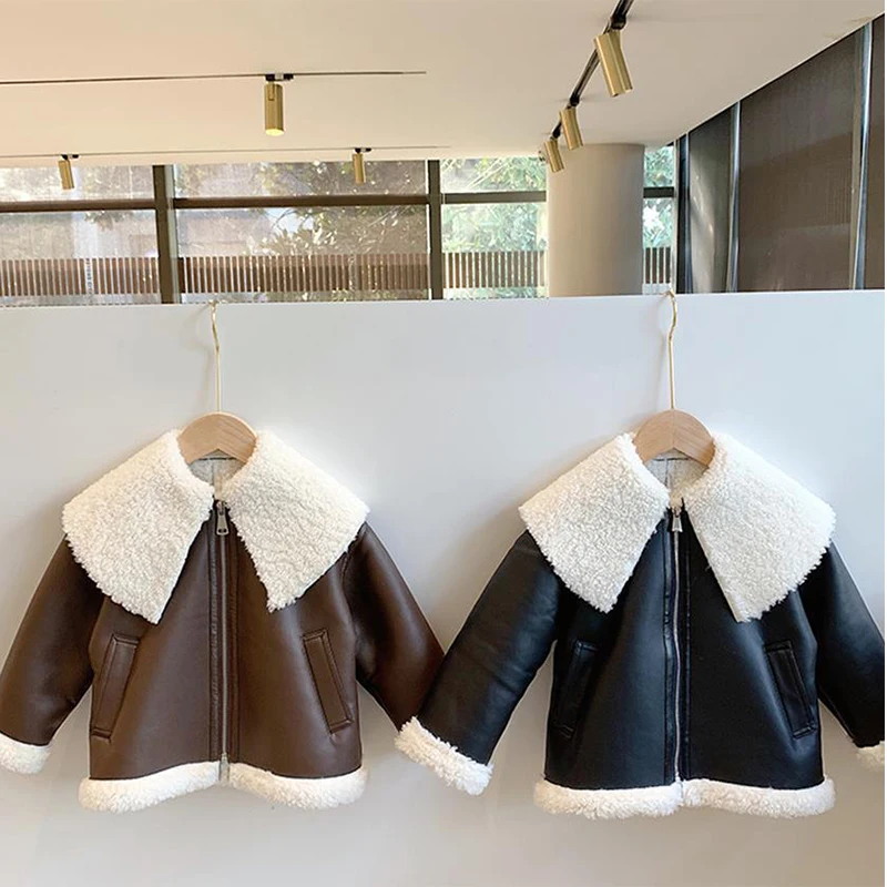 

Winter warm clothes boys and girls jackets leather jackets lamb velvet thick PU leather jackets 3-8 years old