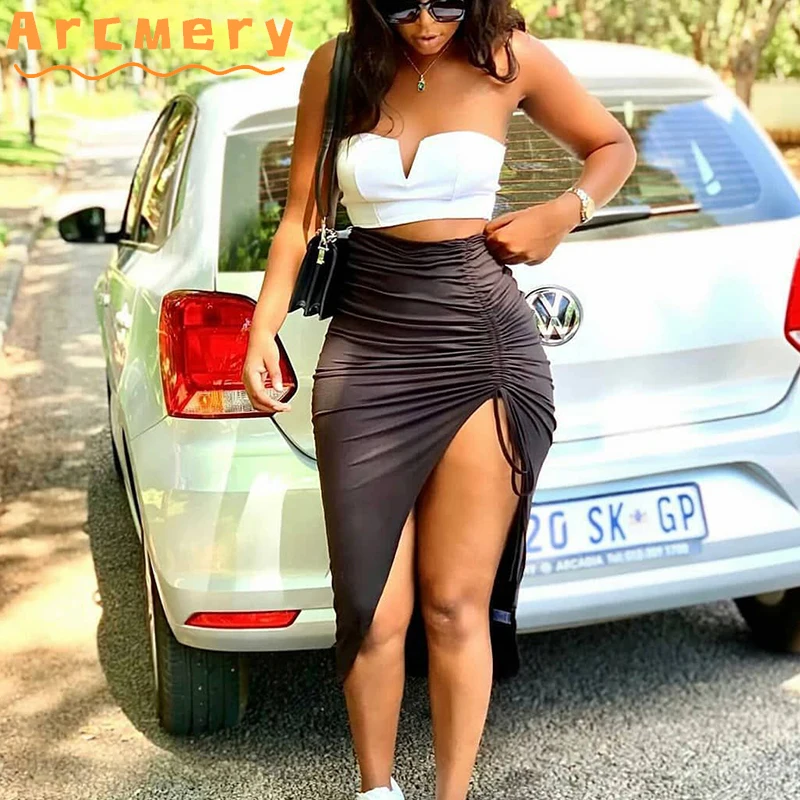 

Women High Waist Pleated Bodycon Slit Skirts