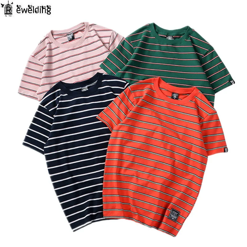 

New Fashion Stripe Print Male T Shirts Summer Men's 100% Cotton Short Sleeve T Shirt Men Hip Hop Streetwear T-Shirt Tops