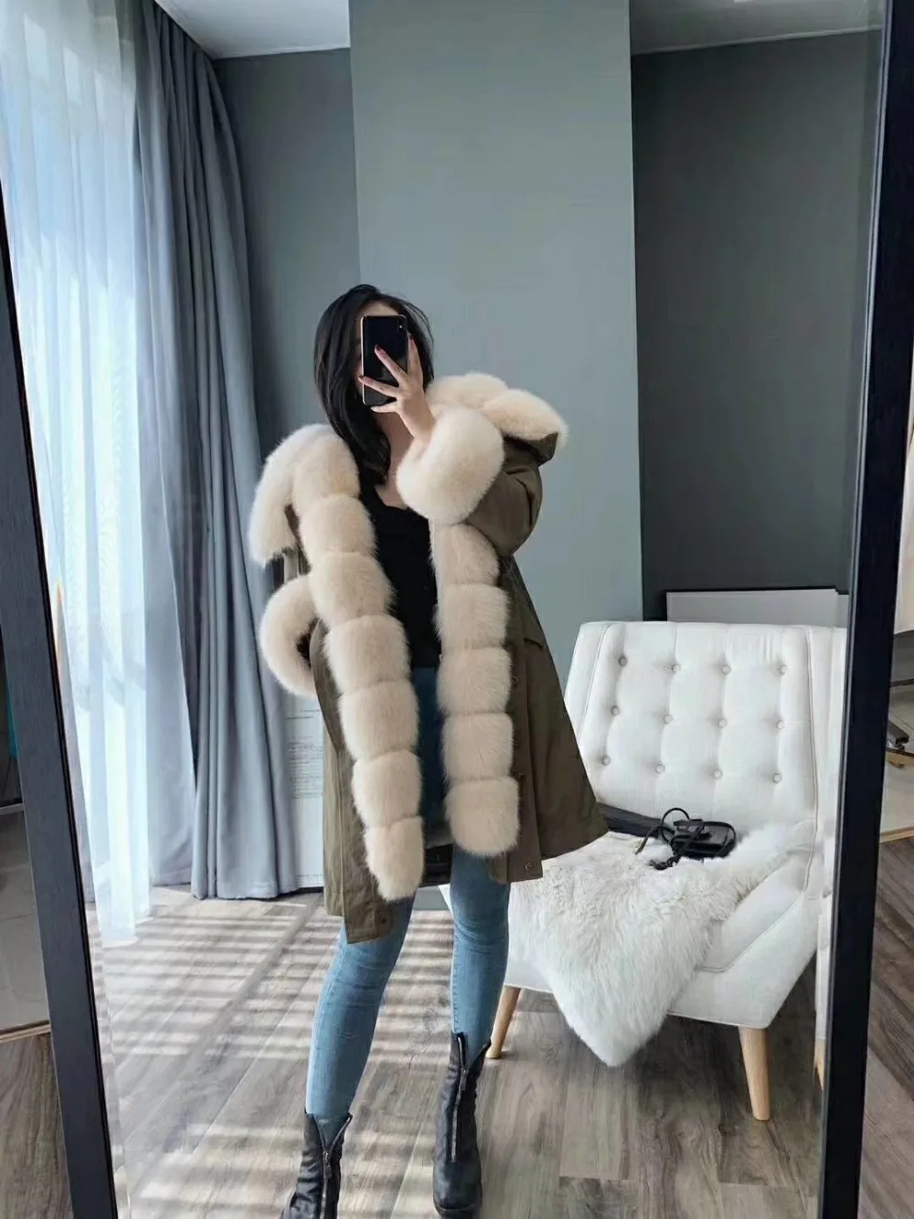 Пальто из натурального меха зимняя куртка женская длинная парка натуральный Лисий меховой капюшон, воротник Рекс подкладка из кроличьего меха Съемная уличная