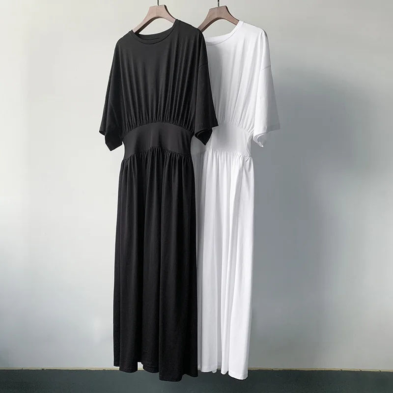 Женское Хлопковое платье-футболка с круглым вырезом и короткими рукавами -