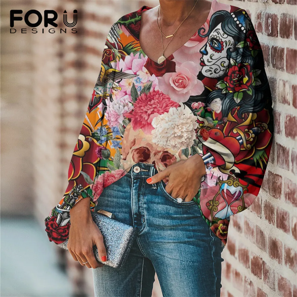 

FORUDESIGNS Brand Designer Gothic Sugar Skull 2021 Stylish Women's Pullovers Blouses & Shirts Ladies Casual Long Sleeve Tops