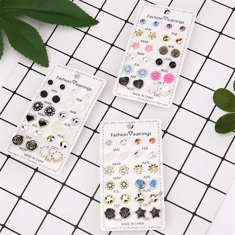 

New 12 Pair/Set Fashion Round Shiny Rhinestone Crystal Flower Stud Earring For Lady's Mixed Ear Studs Wholesale Jewelry Gift