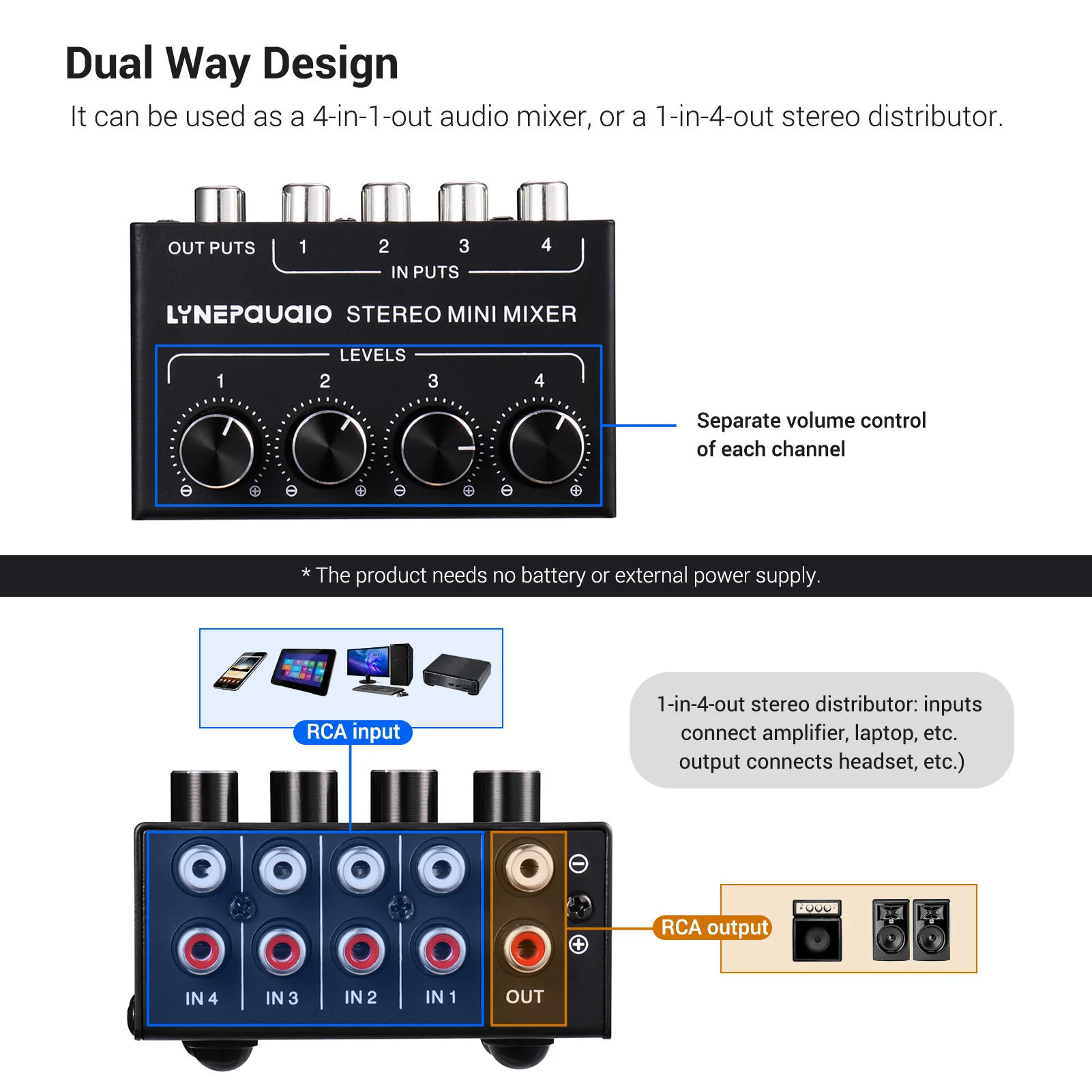

Audio B896 Mix Mini Portable 4 Channels Professional Passive Mixer Mixing Console with Volume Control for Live Studios Recording