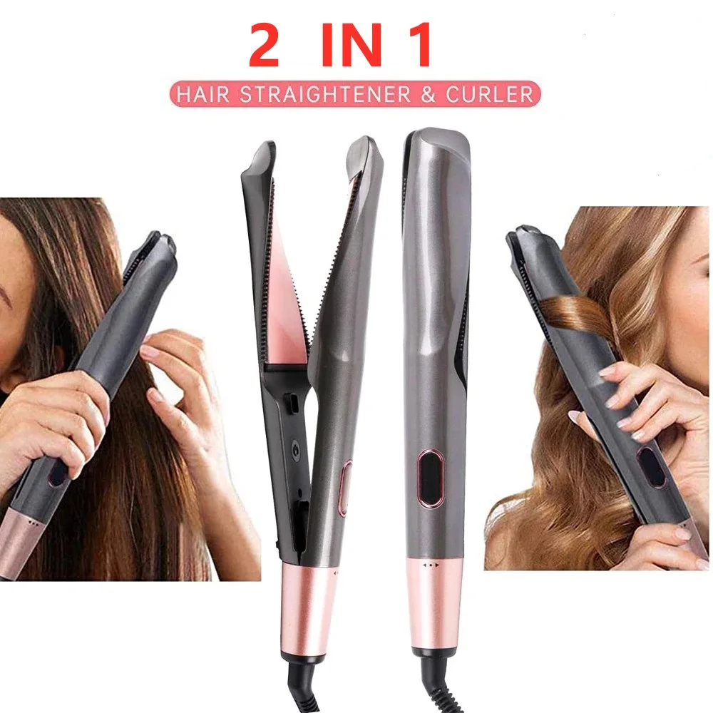 

2 in 1 Pro Gold Titanium Flat Iron Twist Hair Curler & Straightener Irons Anti-Frizz For Hair Straightening Curling Styling Tool