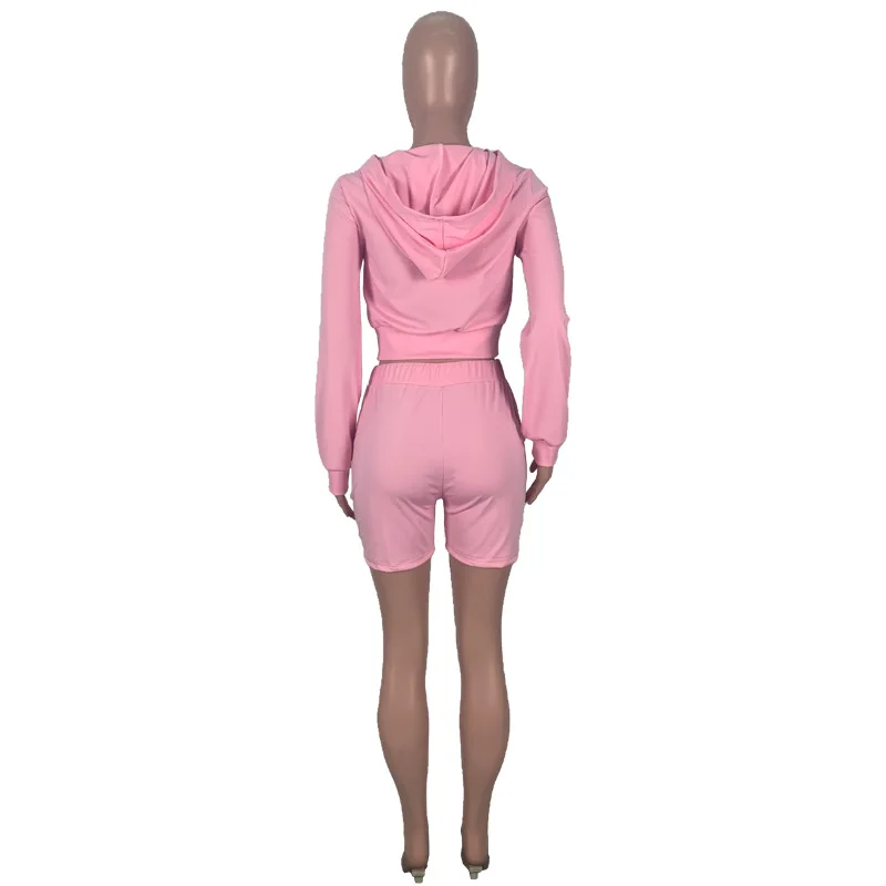 

Casual Fashion Sports Style Women's Two Piece Set Solid Color Hooded Collar Long Sleeve Top Shorts Sexy Navel Bare Customize