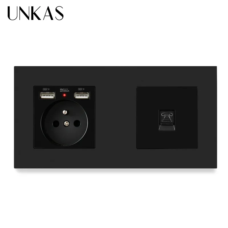 Французская стандартная электрическая розетка UNKAS с 2 USB-портами для зарядки + 1