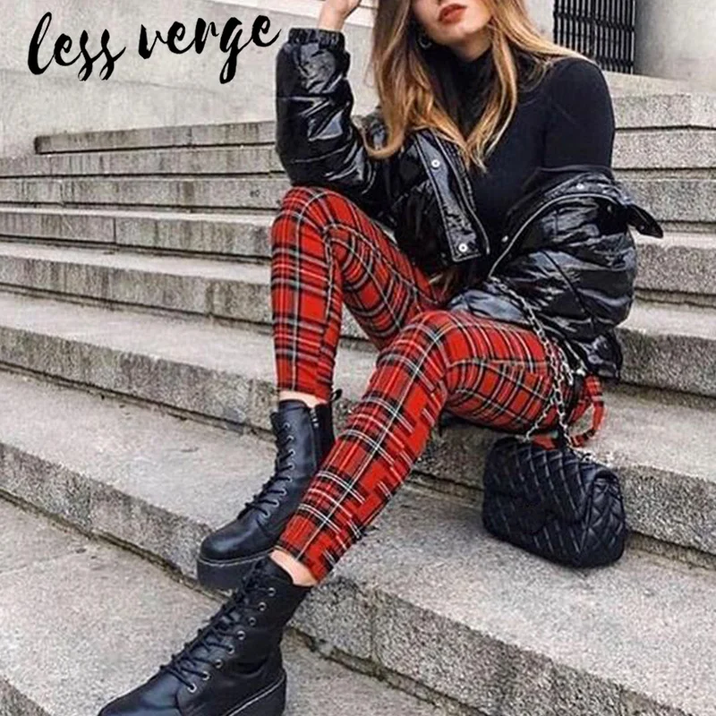 Lessverge красные клетчатые эластичные брюки женские с высокой талией повседневные
