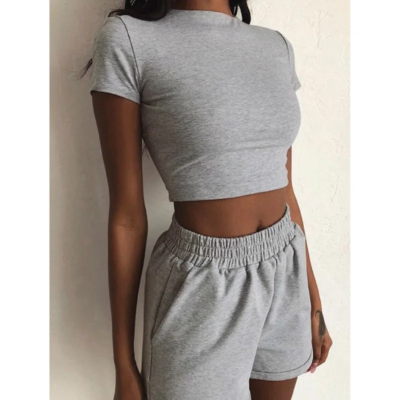 

Sexy Two Pieces Set Solid Casual Slim Short Sleeve Crop Tops And Elastic Waist Shorts Women Summer Tracksuit SJ5993M