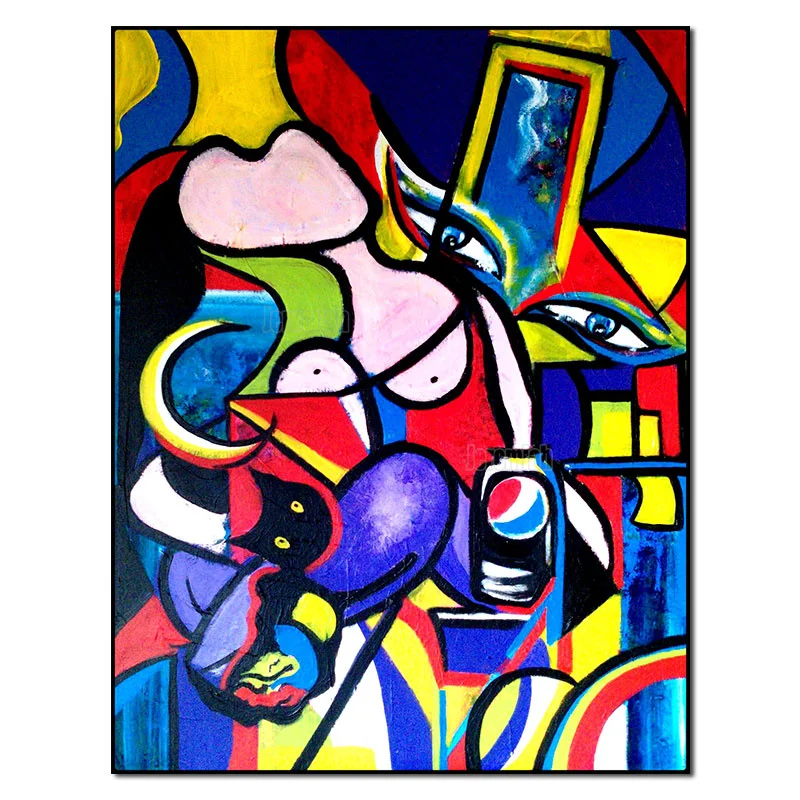 

Abstract Canvas Painting Colorful Series of People Holding A Cat Drinking Coke Watching Tv Scene Modern Room Background Decor