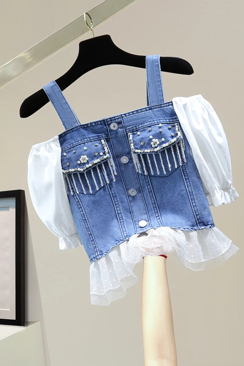 

Diamond Beaded Mesh Stitching Women Denim Top 2021 Summer Off Strapless Stitching Pleated Tassel Tank Female Blue Camisole