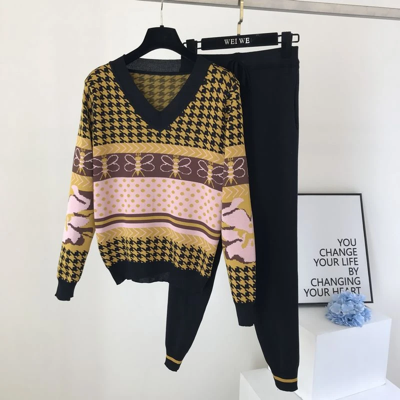 

Vintage Printted Long Sleeve Knitted Women's Tracksuit Casual Jacquard Loose Pullover Knitted Suit Fashion Knit Two-Piece Suit