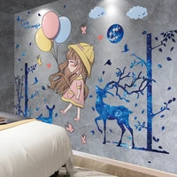 shijuekongjian cartoon girl balloons wall stickers diy deer animal mural decals for house kids rooms baby bedroom decoration