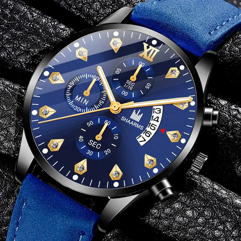 2019 мужские Роскошные Синие часы кожаный ремешок нержавеющая сталь кварцевые