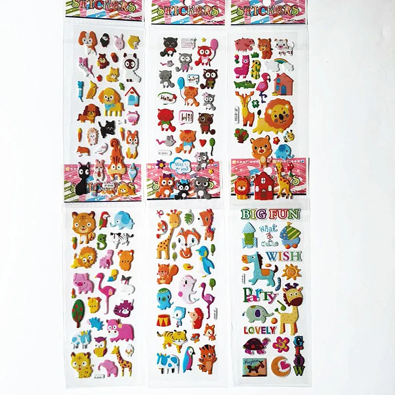 

6 Sheets Cartoon Mix Cute Animal Dog Horse Giraffe Lion Stickers Decorative Beautiful Foam Fish Tiger Rilakkuma Touch Stickers