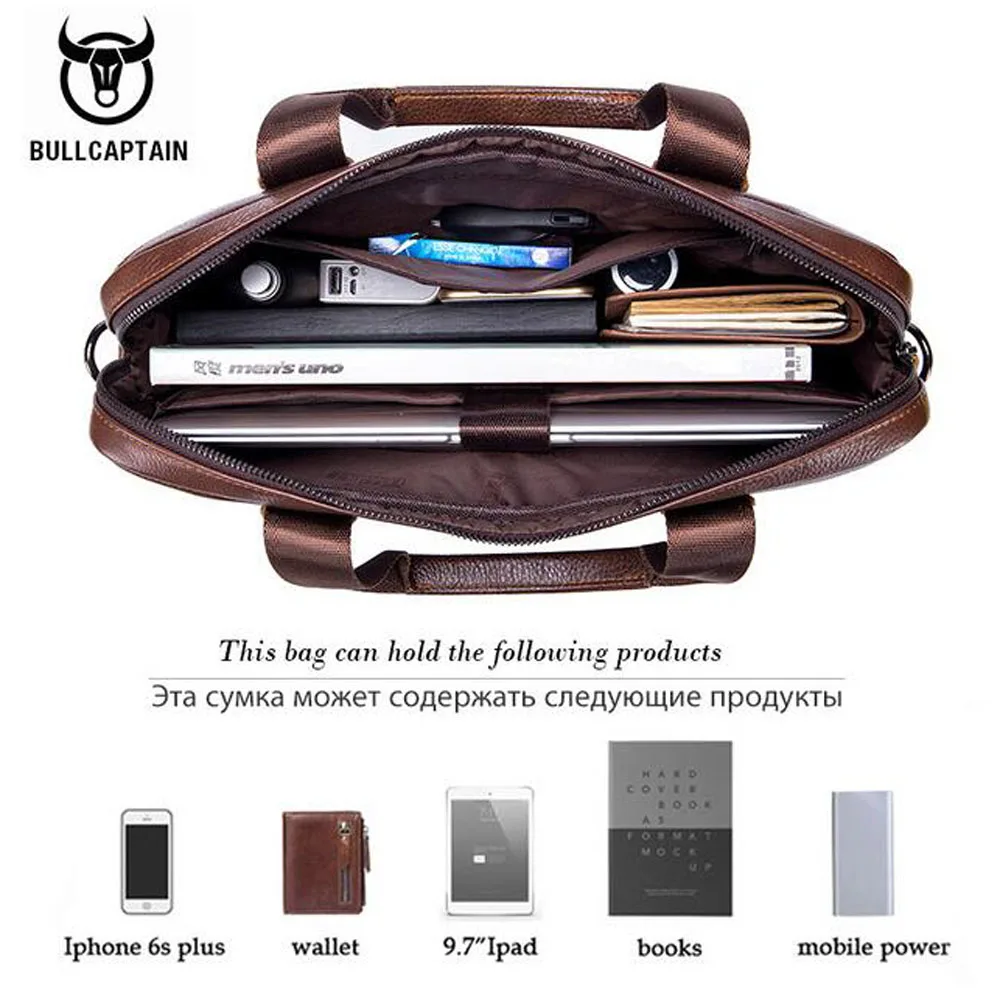BULLCAPTAIN men's briefcase business handbag can be used for 15 inch laptop casual shoulder messenger bags  Cow Leather Men Bag
